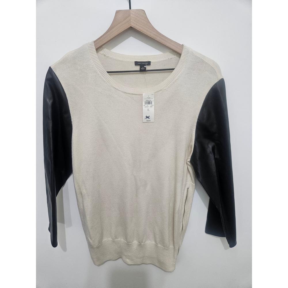 Ann Taylor Mixed Media Wool Blend Sweater Cream Black Faux Leather Sleeves L NEW